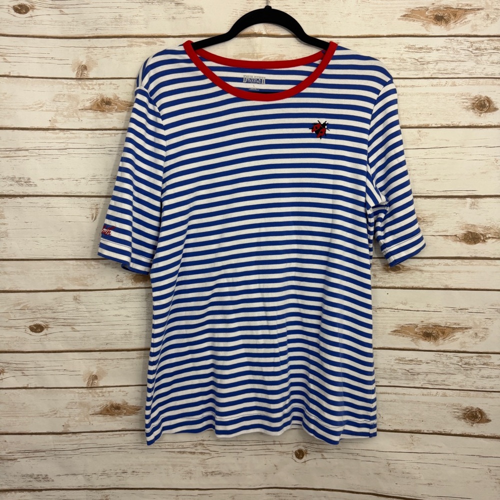 Duluth Blue White Striped Lady Bug Embroidered Short Sleeve Top